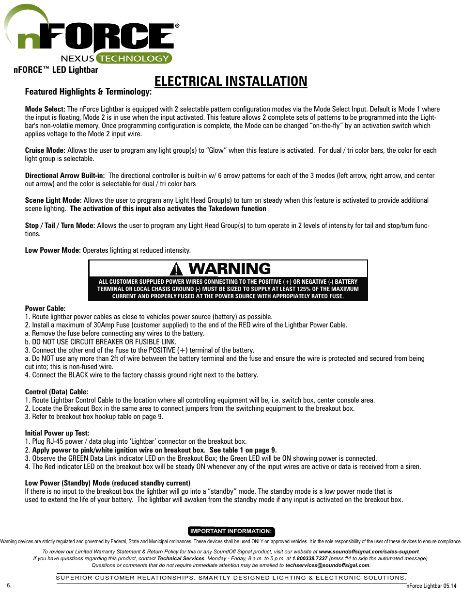 Warning, Electrical installation | SoundOff Signal nFORCE LED User Manual | Page 6 / 17