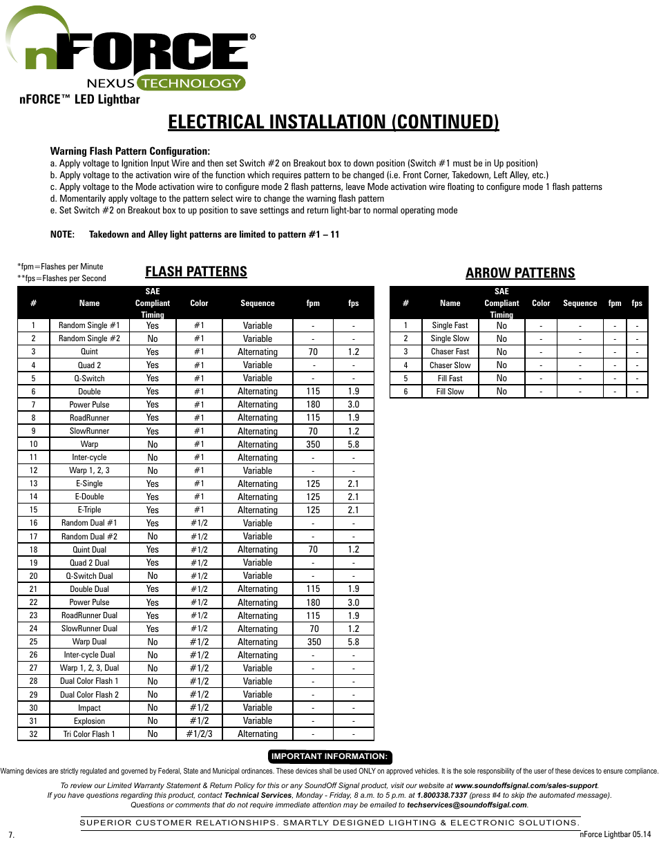 Electrical installation (continued), Flash patterns, Arrow patterns | Nforce™ led lightbar | SoundOff Signal nFORCE LED User Manual | Page 7 / 17