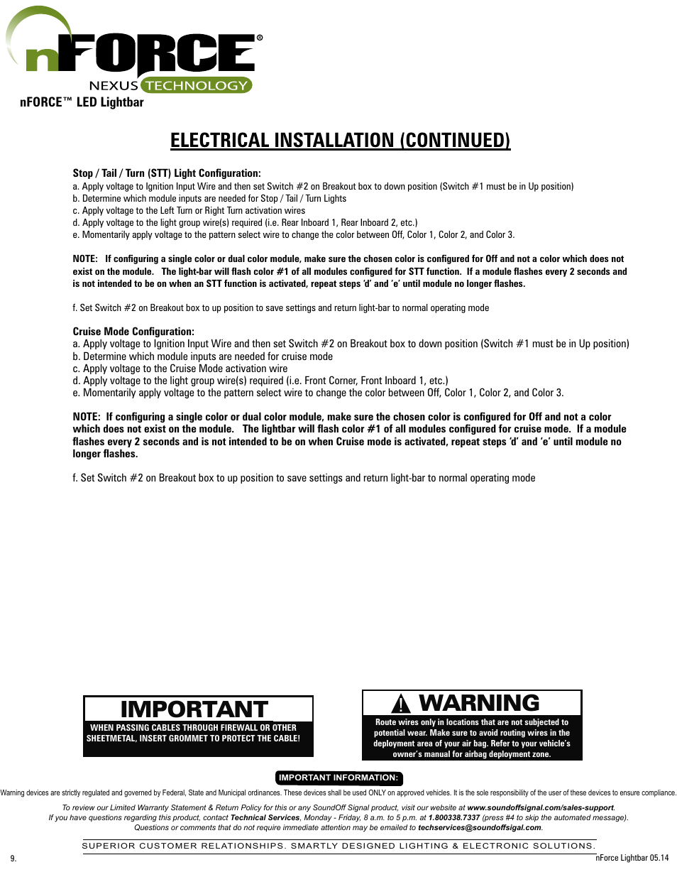 Important, Warning, Electrical installation (continued) | SoundOff Signal nFORCE LED User Manual | Page 9 / 17