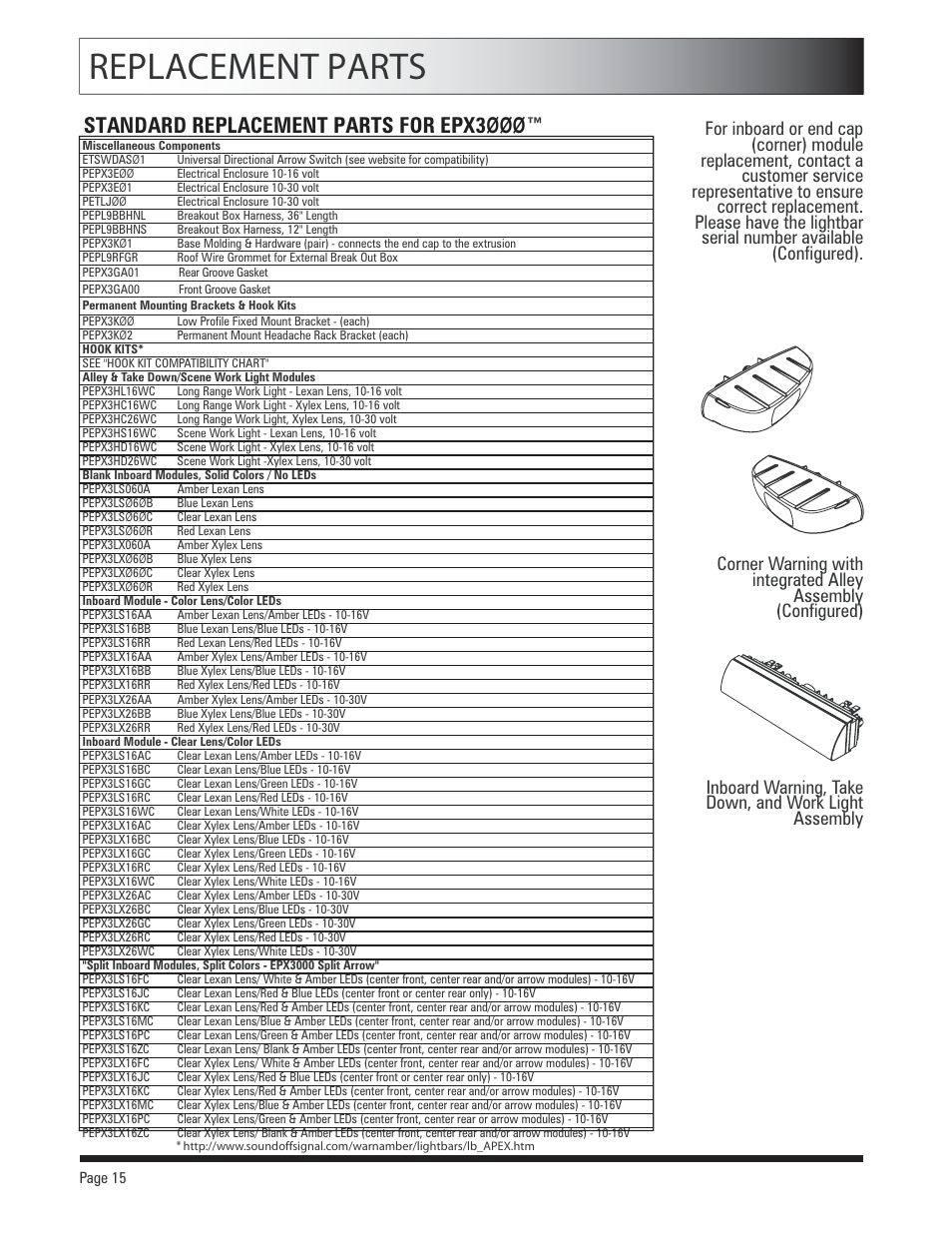 Replacement parts, Standard replacement parts for epx3 000 | SoundOff Signal Apex LED User Manual | Page 15 / 17