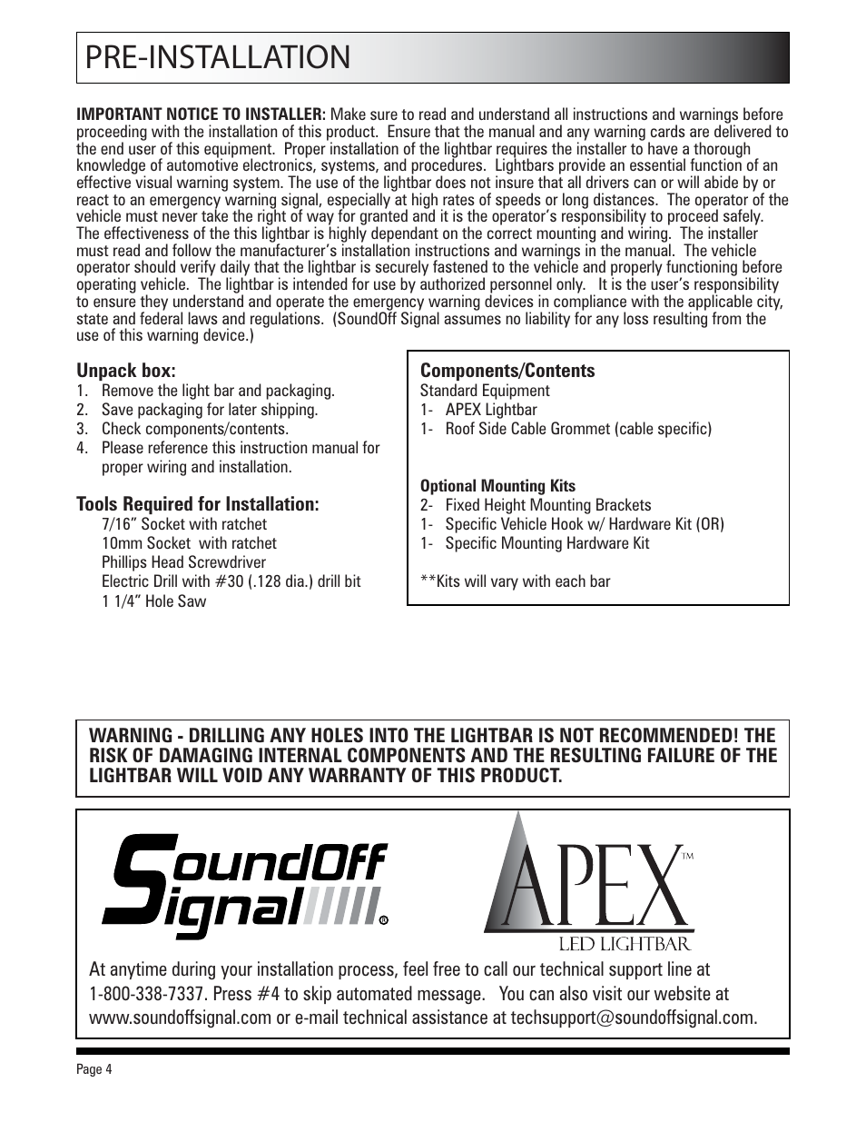 Pre-installation | SoundOff Signal Apex LED User Manual | Page 4 / 17