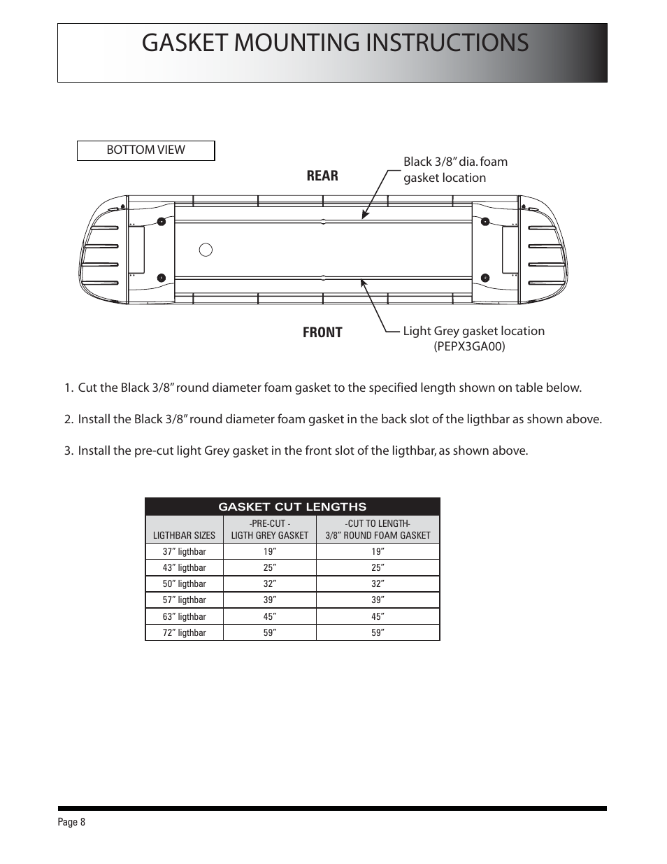 Gasket mounting instructions, Front rear | SoundOff Signal Apex LED User Manual | Page 8 / 17