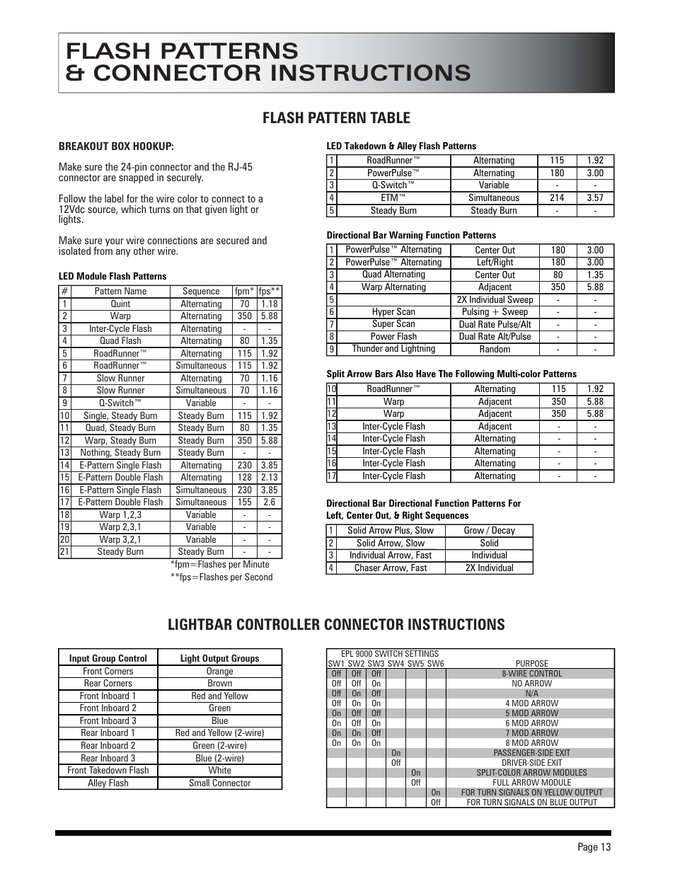 Flash patterns & connector instructions, Flash pattern table, Lightbar controller connector instructions | SoundOff Signal Pinnacle LED User Manual | Page 13 / 19