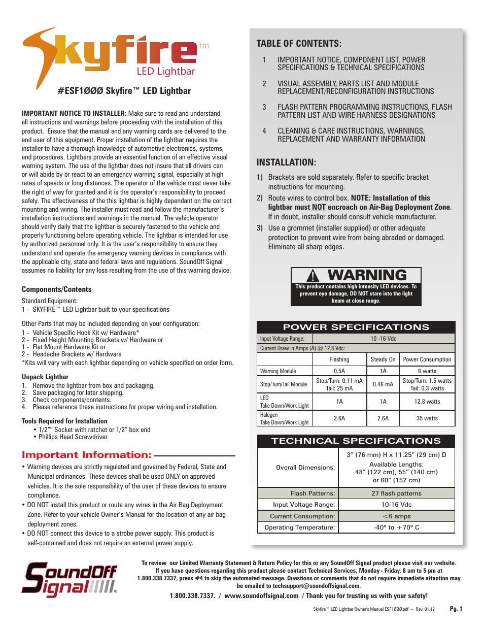 SoundOff Signal SkyFire LED User Manual | 4 pages