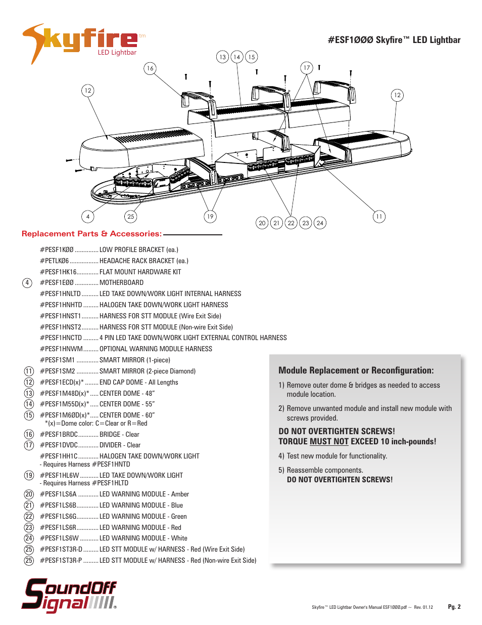 Esf1 øøø skyfire™ led lightbar, Module replacement or reconfiguration | SoundOff Signal SkyFire LED User Manual | Page 2 / 4