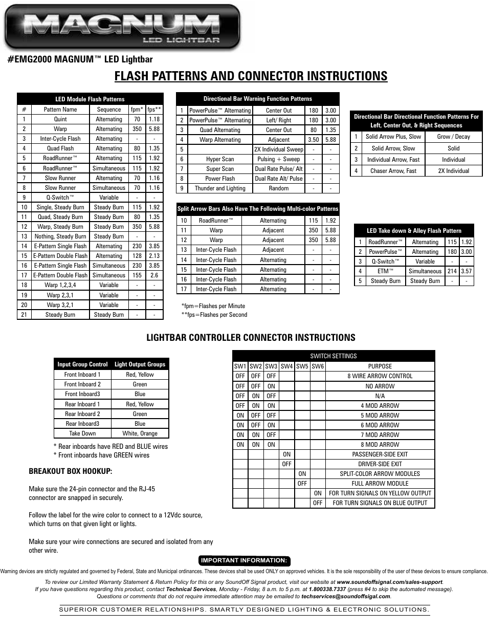 Flash patterns and connector instructions, Lightbar controller connector instructions, Emg2000 magnum™ led lightbar | SoundOff Signal Magnum LED User Manual | Page 10 / 14