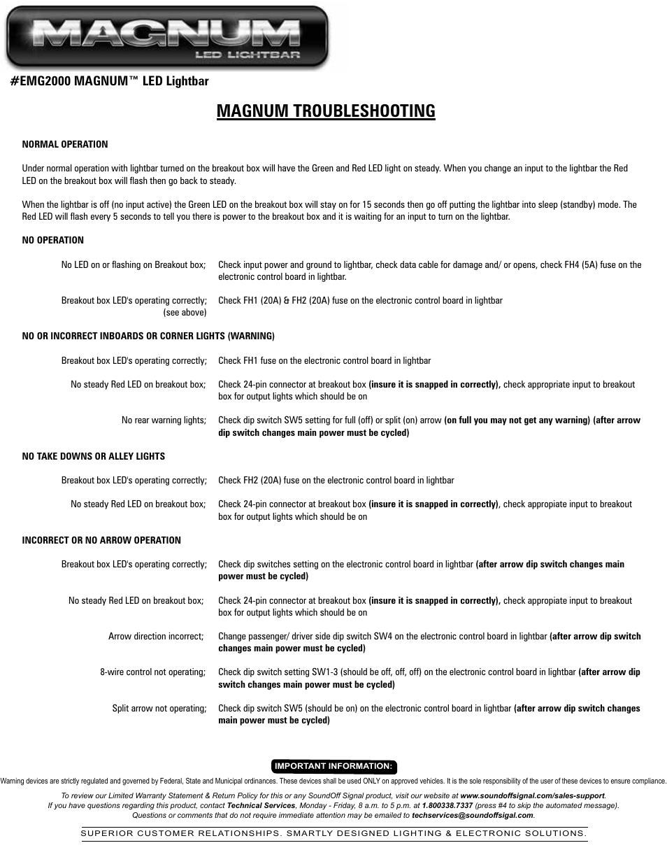 Magnum troubleshooting, Emg2000 magnum™ led lightbar | SoundOff Signal Magnum LED User Manual | Page 12 / 14