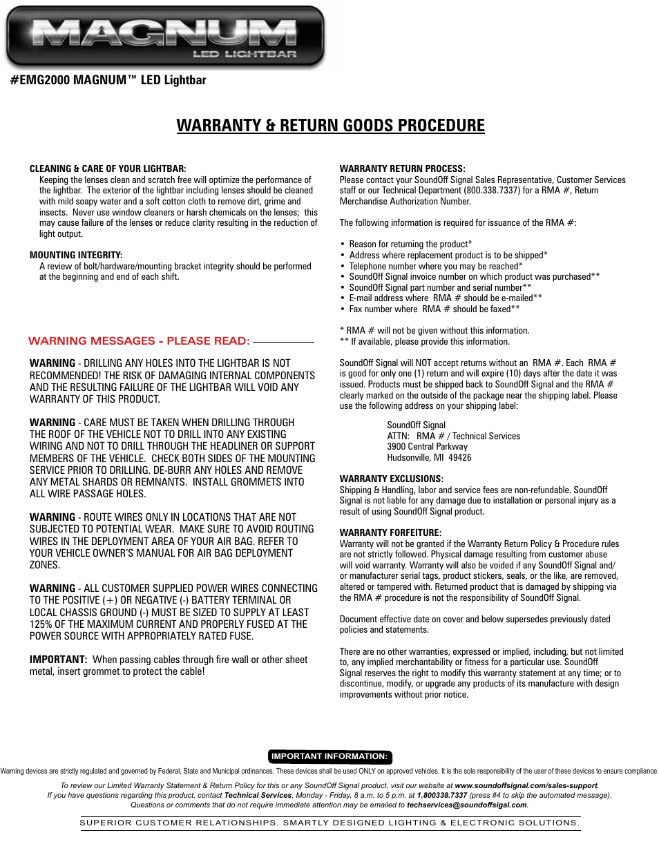 Warranty & return goods procedure, Emg2000 magnum™ led lightbar | SoundOff Signal Magnum LED User Manual | Page 14 / 14