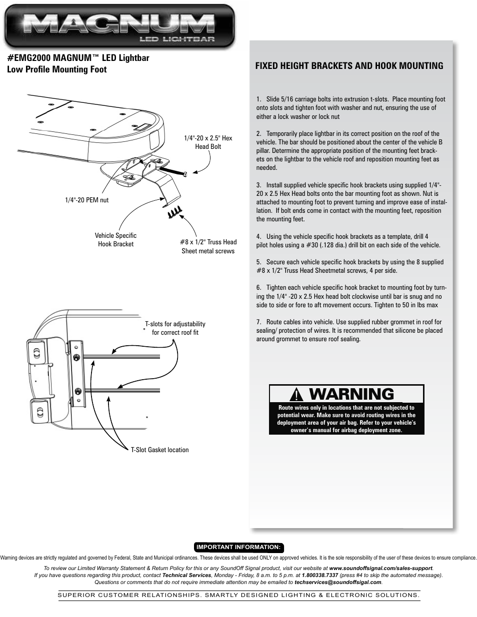 Warning, Fixed height brackets and hook mounting | SoundOff Signal Magnum LED User Manual | Page 4 / 14