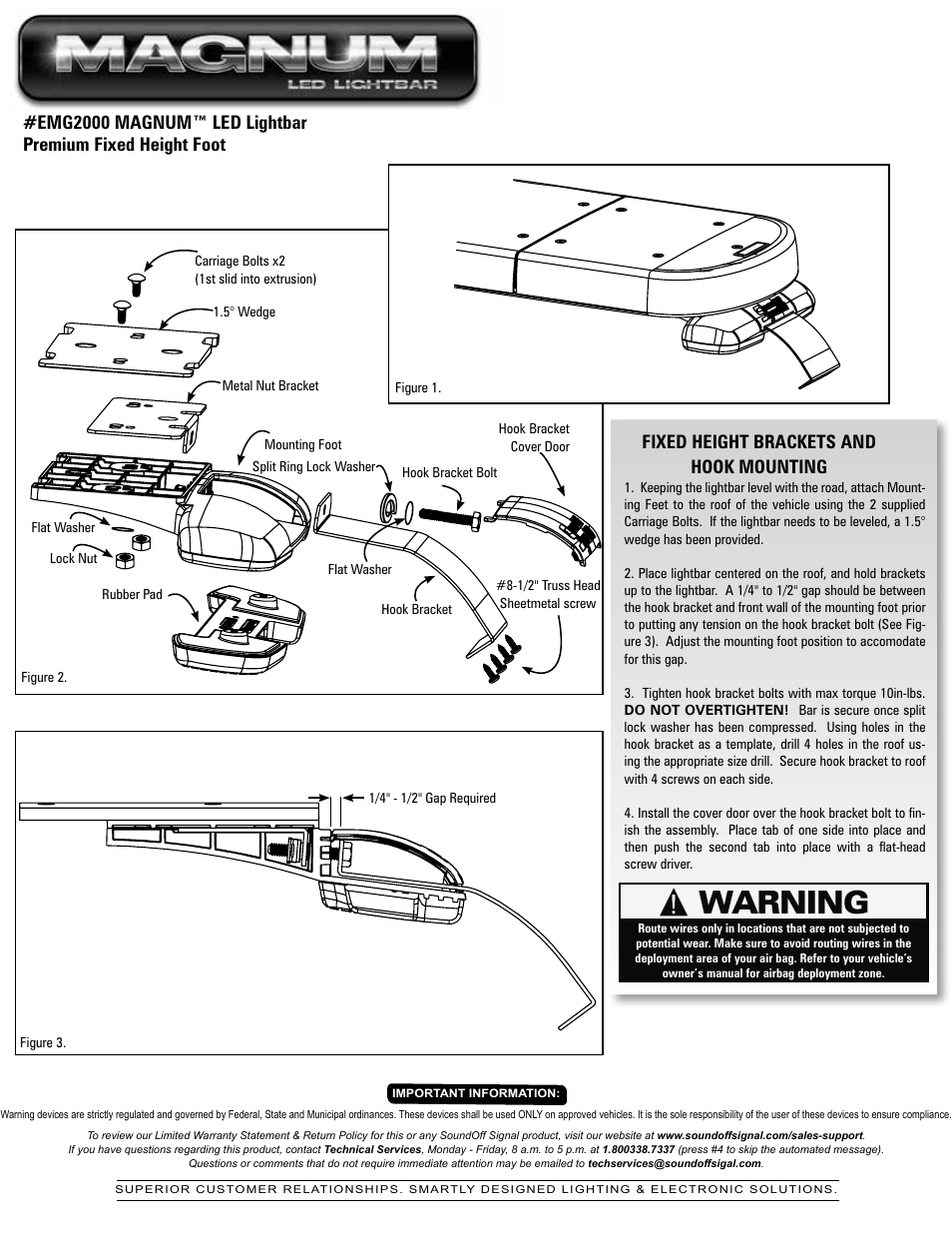 Warning, Fixed height brackets and hook mounting | SoundOff Signal Magnum LED User Manual | Page 5 / 14