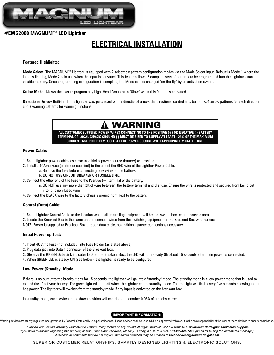 Warning, Electrical installation, Emg2000 magnum™ led lightbar | SoundOff Signal Magnum LED User Manual | Page 7 / 14
