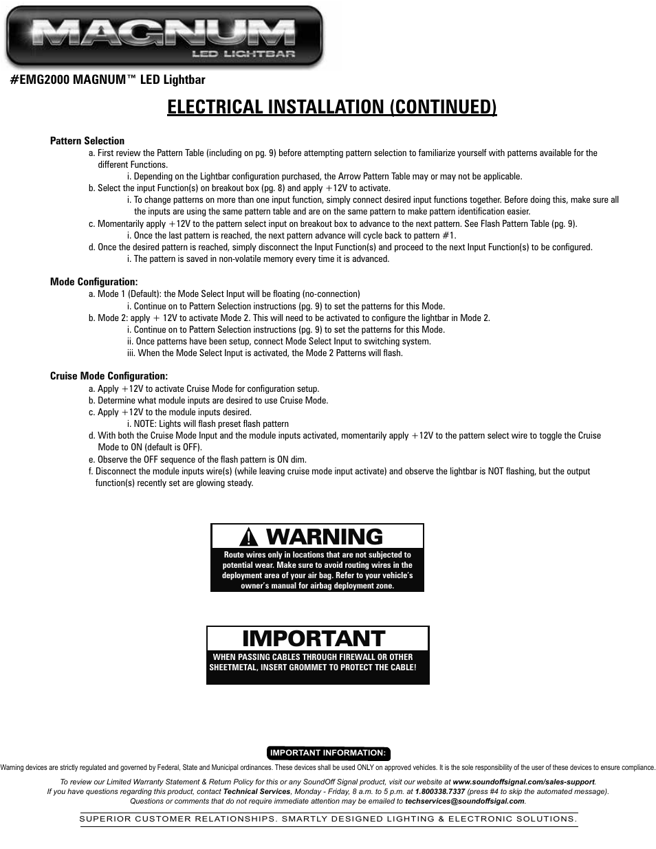 Important, Warning, Electrical installation (continued) | Emg2000 magnum™ led lightbar | SoundOff Signal Magnum LED User Manual | Page 8 / 14