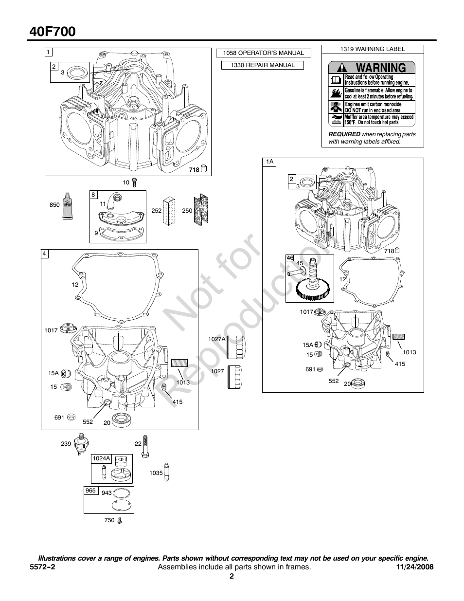 Not for reproduction | Briggs & Stratton 40F700 User Manual | Page 2 / 16