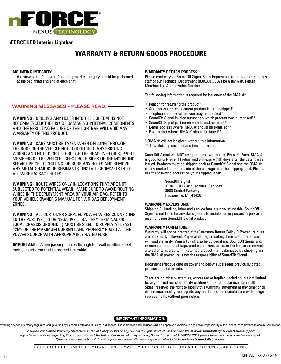 Warranty & return goods procedure, Nforce led interior lightbar | SoundOff Signal nFORCE Interior User Manual | Page 13 / 13