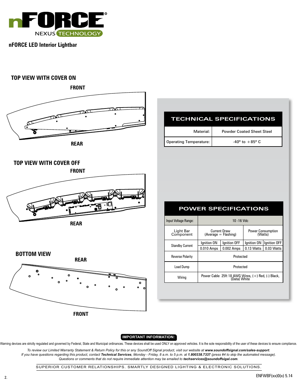 Nforce led interior lightbar, Top view with cover on, Bottom view | Top view with cover off, Rear front | SoundOff Signal nFORCE Interior User Manual | Page 2 / 13