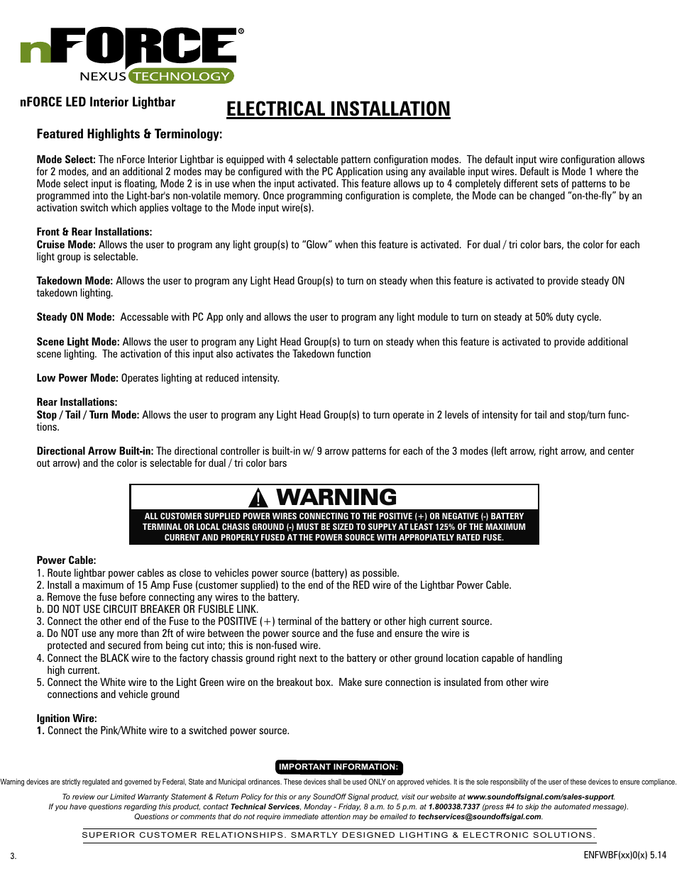 Warning, Electrical installation | SoundOff Signal nFORCE Interior User Manual | Page 3 / 13