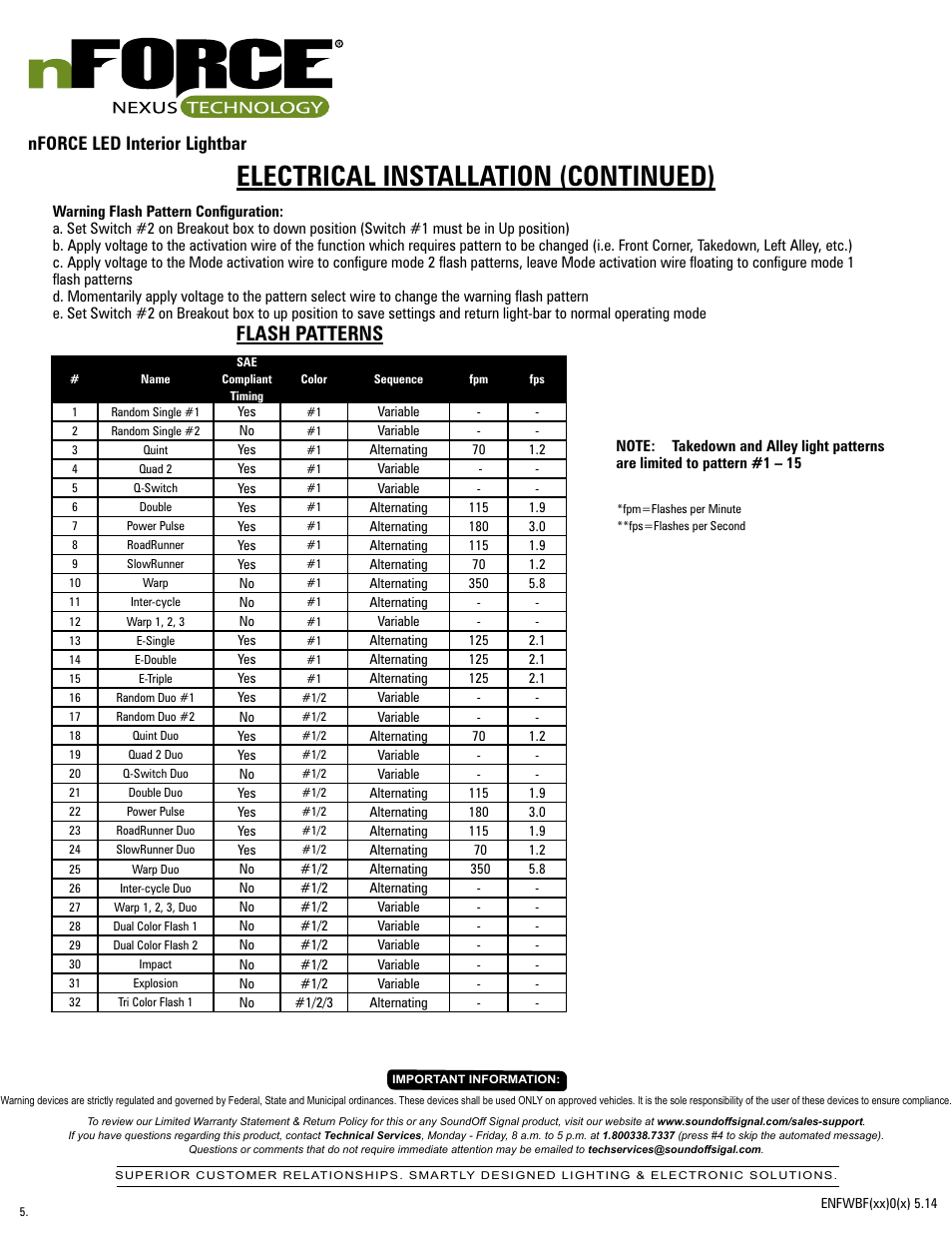Electrical installation (continued), Flash patterns, Nforce led interior lightbar | SoundOff Signal nFORCE Interior User Manual | Page 5 / 13