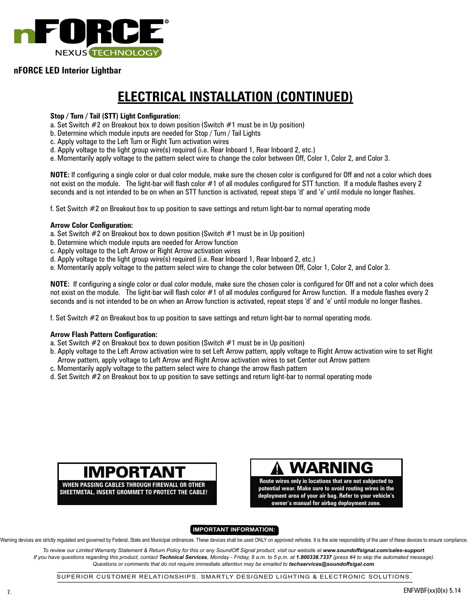 Important, Warning, Electrical installation (continued) | SoundOff Signal nFORCE Interior User Manual | Page 7 / 13