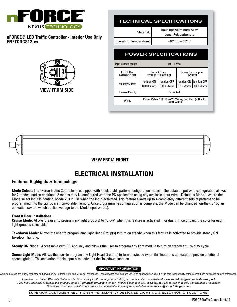 Electrical installation, View from side view from front, Featured highlights & terminology | SoundOff Signal nFORCE® Interior Traffic Controller User Manual | Page 2 / 13