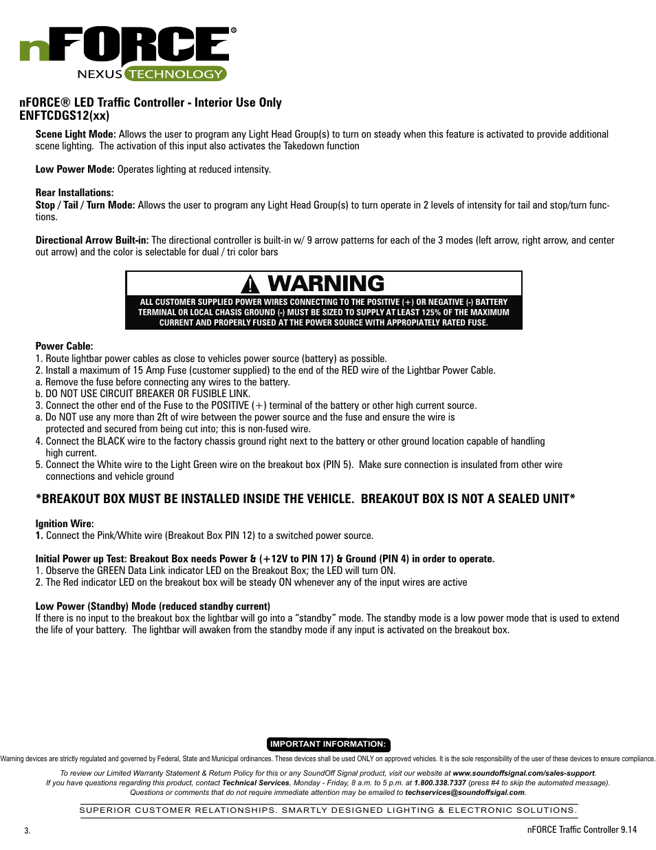 Warning | SoundOff Signal nFORCE® Interior Traffic Controller User Manual | Page 3 / 13