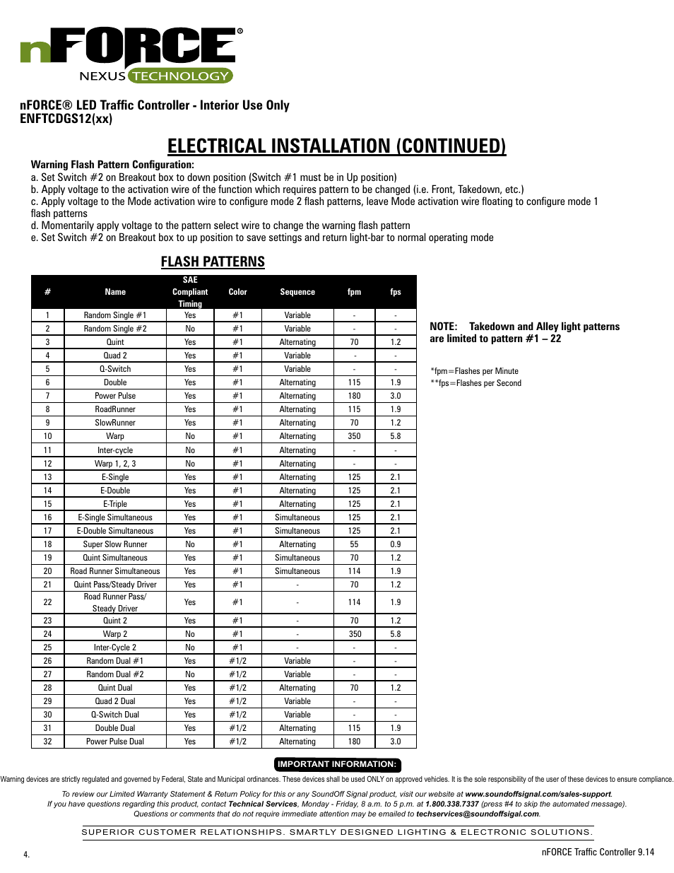 Electrical installation (continued), Flash patterns | SoundOff Signal nFORCE® Interior Traffic Controller User Manual | Page 4 / 13