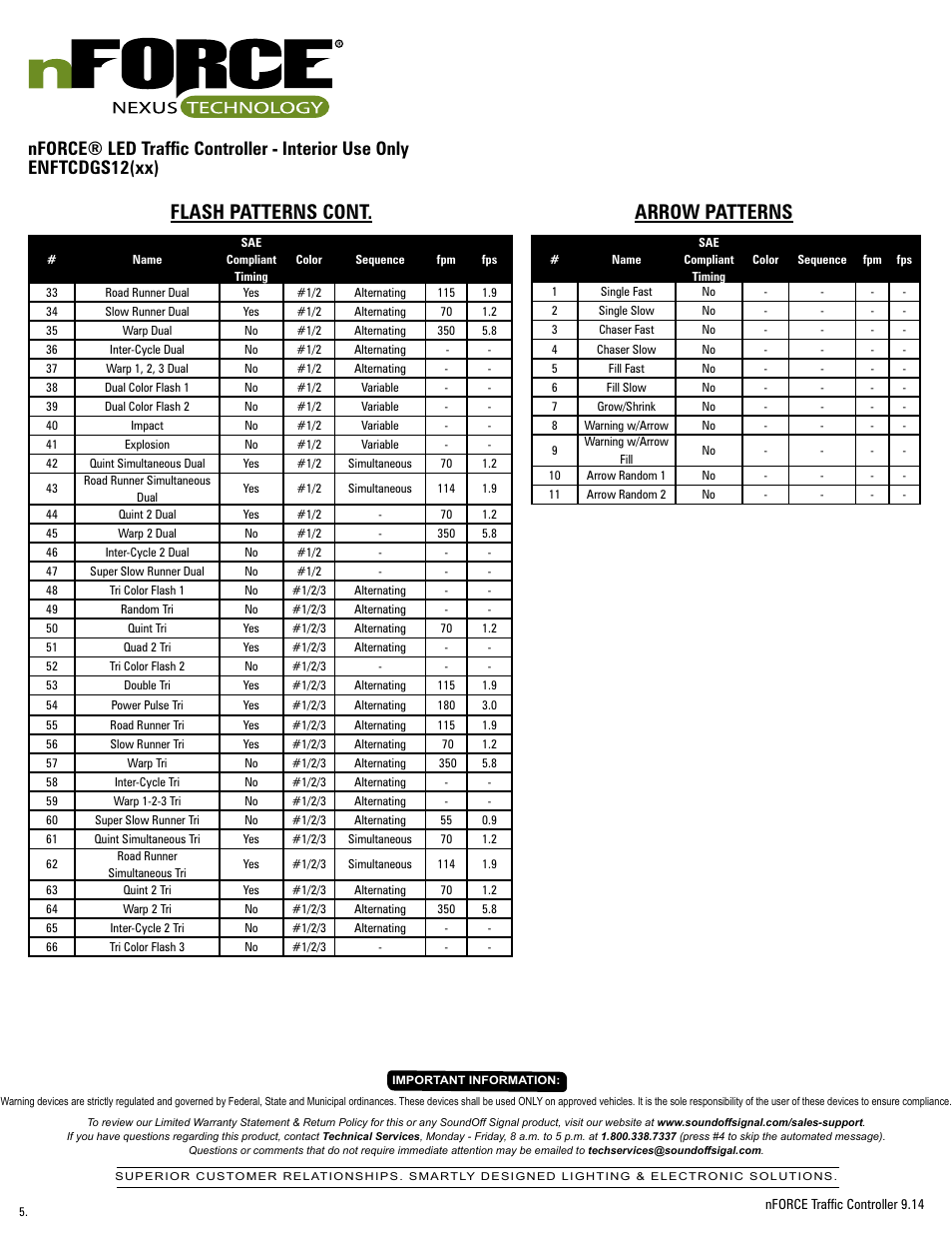 Arrow patterns, Flash patterns cont | SoundOff Signal nFORCE® Interior Traffic Controller User Manual | Page 5 / 13