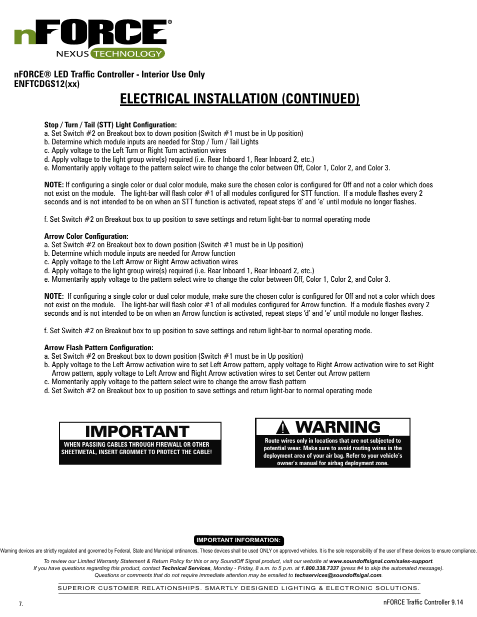 Important, Warning, Electrical installation (continued) | SoundOff Signal nFORCE® Interior Traffic Controller User Manual | Page 7 / 13