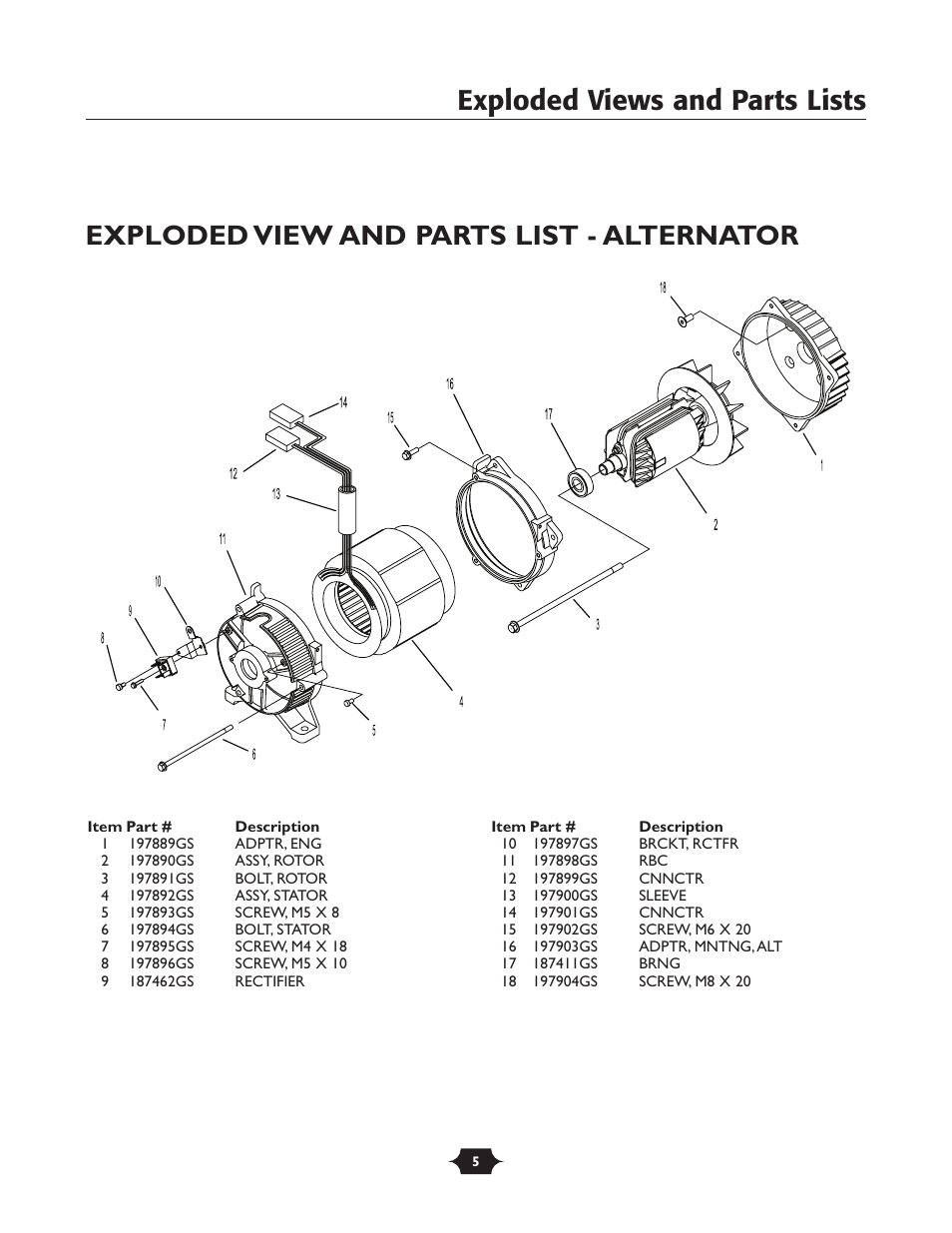 Exploded views and parts lists, Exploded view and parts list - alternator | Briggs & Stratton 30239 User Manual | Page 5 / 9