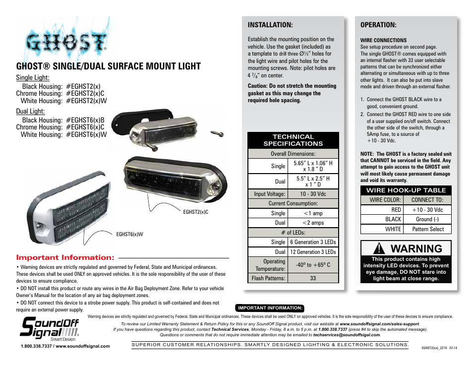 SoundOff Signal GHOST Surface Mount(10-30 vdc) User Manual | 2 pages