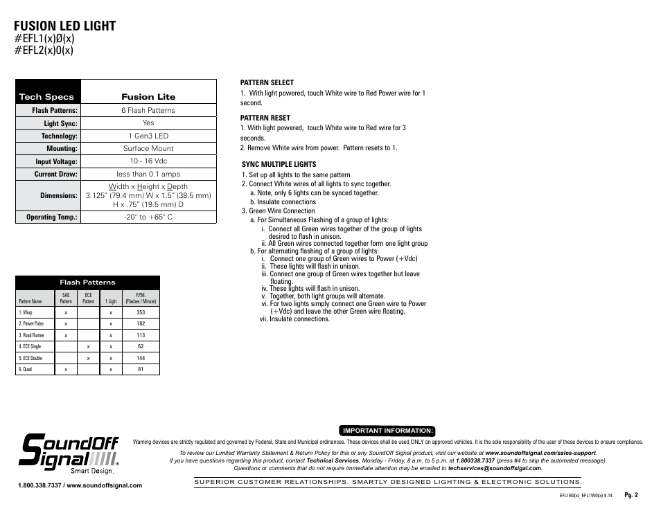 Fusion led light, Efl1(x)ø(x) #efl2(x)0(x) | SoundOff Signal Fusion Lite Surface Mount User Manual | Page 2 / 2