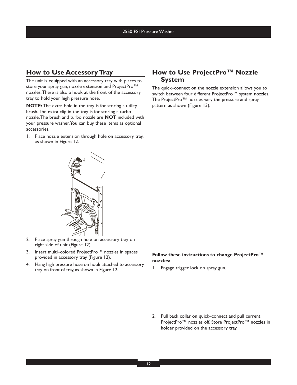 How to use accessory tray, How to use projectpro™ nozzle system | Briggs & Stratton 20250 User Manual | Page 12 / 40