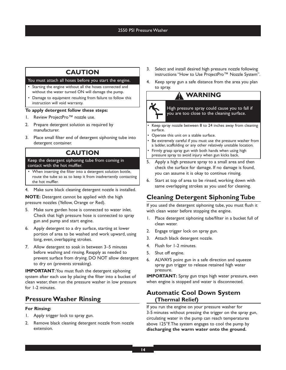 Pressure washer rinsing, Cleaning detergent siphoning tube, Automatic cool down system | Caution, Warning | Briggs & Stratton 20250 User Manual | Page 14 / 40