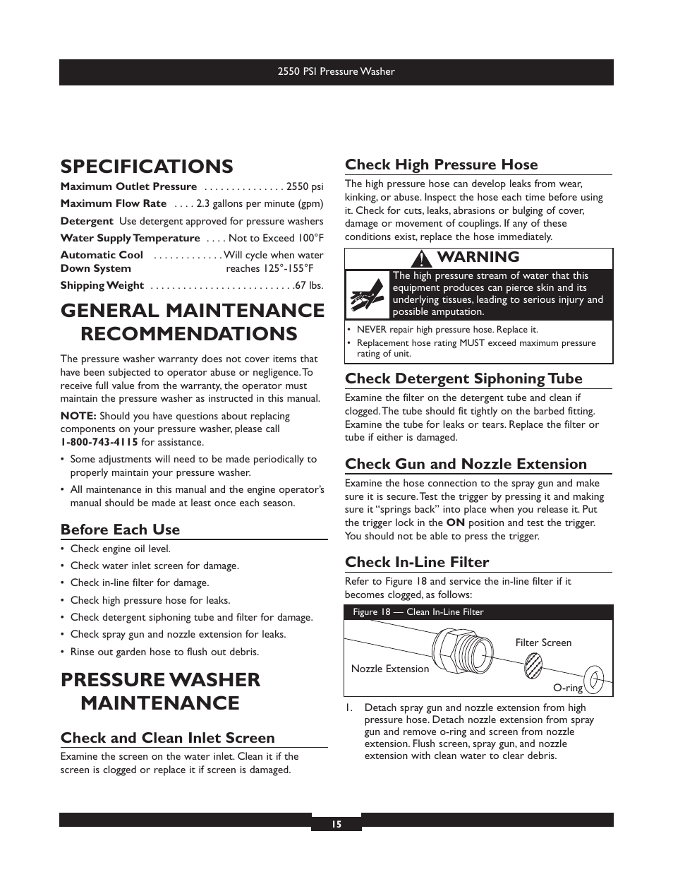 Specifications, General maintenance recommendations, Pressure washer maintenance | Before each use, Check and clean inlet screen, Check high pressure hose, Check detergent siphoning tube, Check gun and nozzle extension, Check in-line filter, Warning | Briggs & Stratton 20250 User Manual | Page 15 / 40