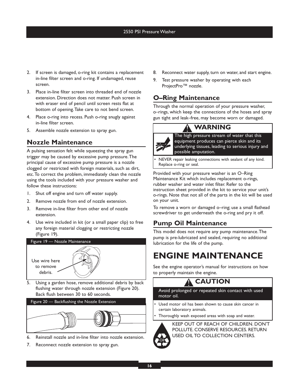 Engine maintenance, Nozzle maintenance, O–ring maintenance | Pump oil maintenance, Warning, Caution | Briggs & Stratton 20250 User Manual | Page 16 / 40