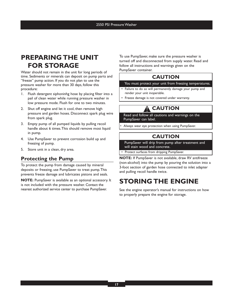 Preparing the unit for storage, Storing the engine, Protecting the pump | Caution | Briggs & Stratton 20250 User Manual | Page 17 / 40