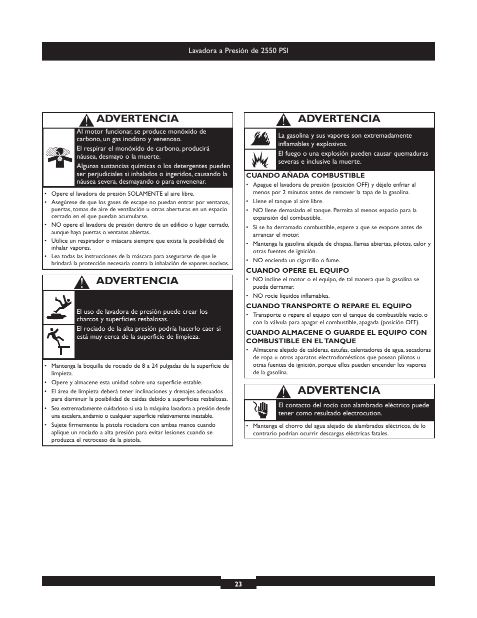 Advertencia | Briggs & Stratton 20250 User Manual | Page 23 / 40