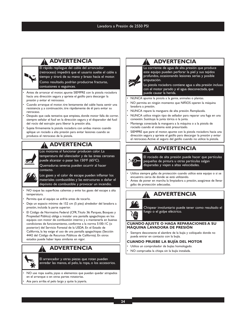Advertencia | Briggs & Stratton 20250 User Manual | Page 24 / 40