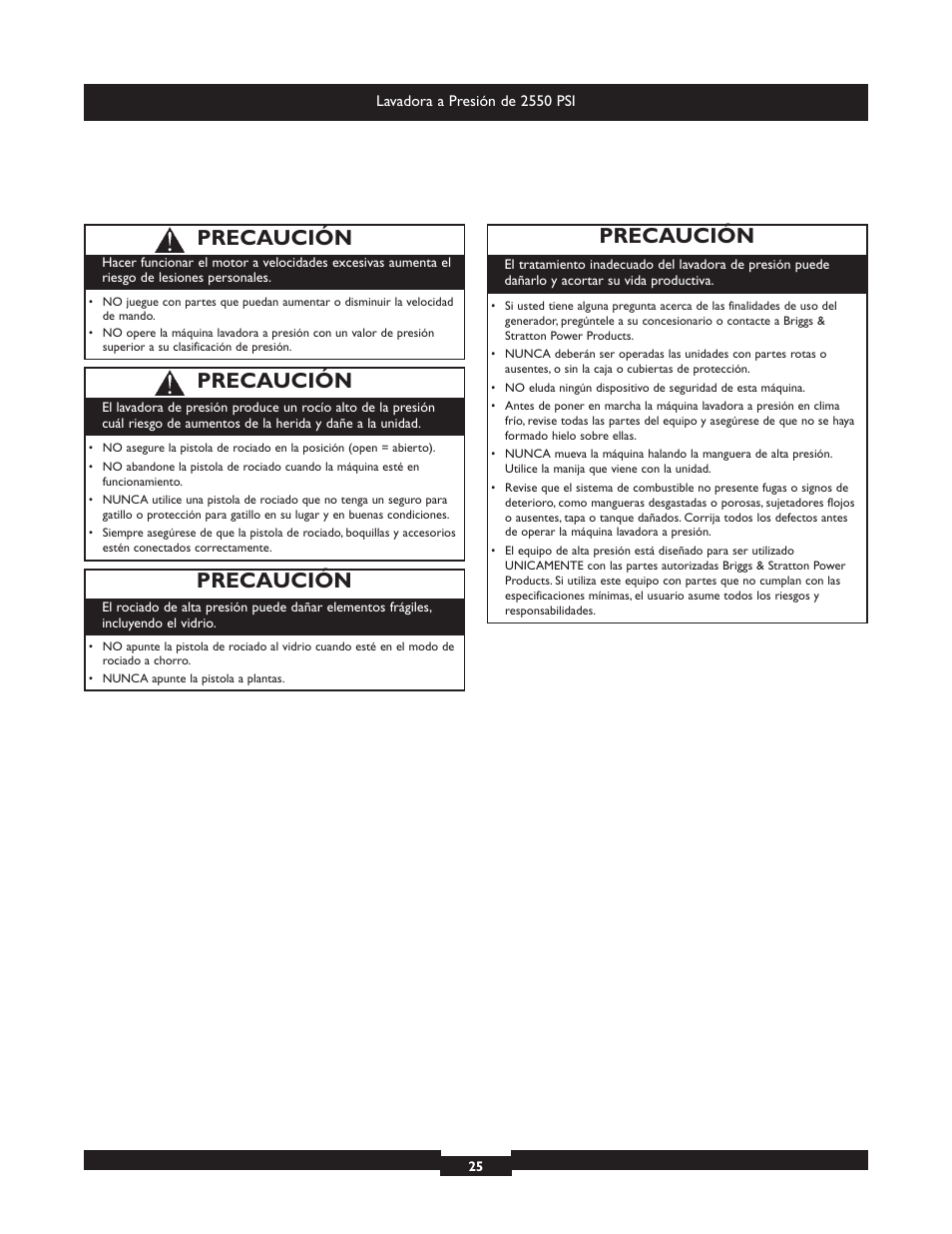 Precaución | Briggs & Stratton 20250 User Manual | Page 25 / 40