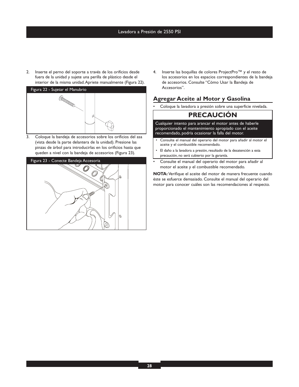 Precaución, Agregar aceite al motor y gasolina | Briggs & Stratton 20250 User Manual | Page 28 / 40