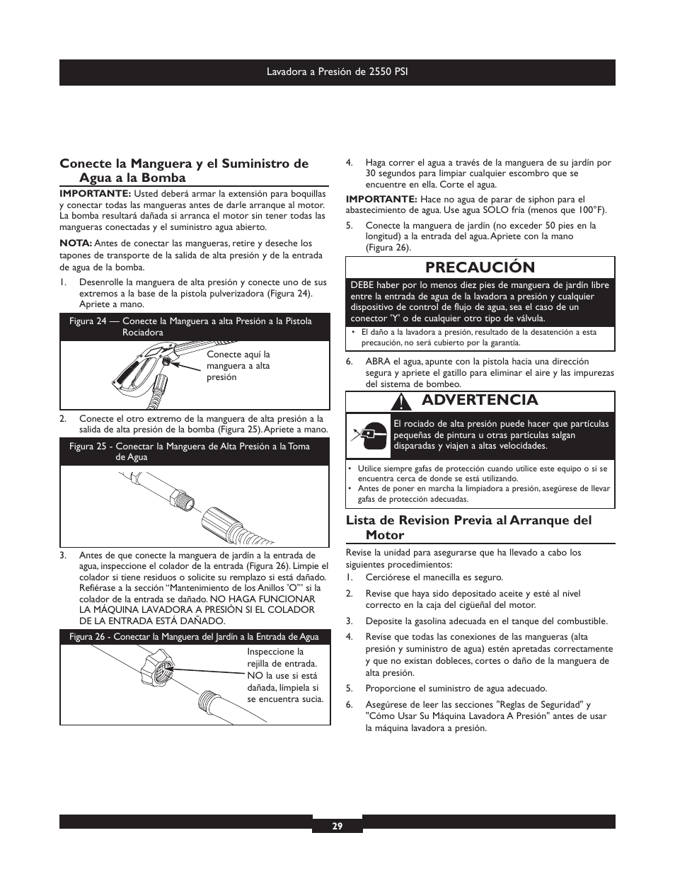 Precaución, Advertencia, Lista de revision previa al arranque del motor | Briggs & Stratton 20250 User Manual | Page 29 / 40