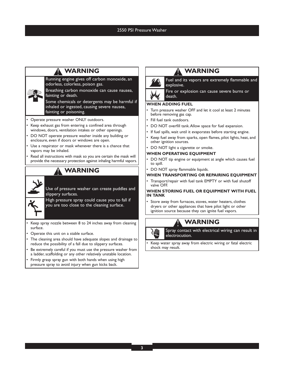 Warning | Briggs & Stratton 20250 User Manual | Page 3 / 40