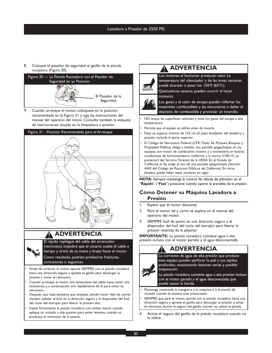 Advertencia, Cómo detener su máquina lavadora a presión | Briggs & Stratton 20250 User Manual | Page 31 / 40