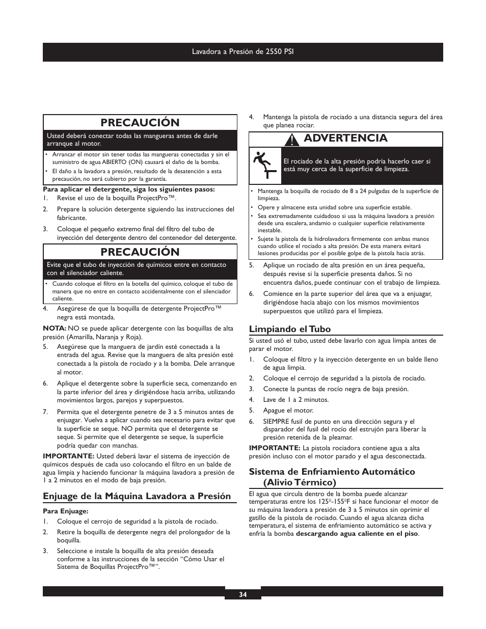 Precaución, Advertencia, Enjuage de la máquina lavadora a presión | Limpiando el tubo | Briggs & Stratton 20250 User Manual | Page 34 / 40