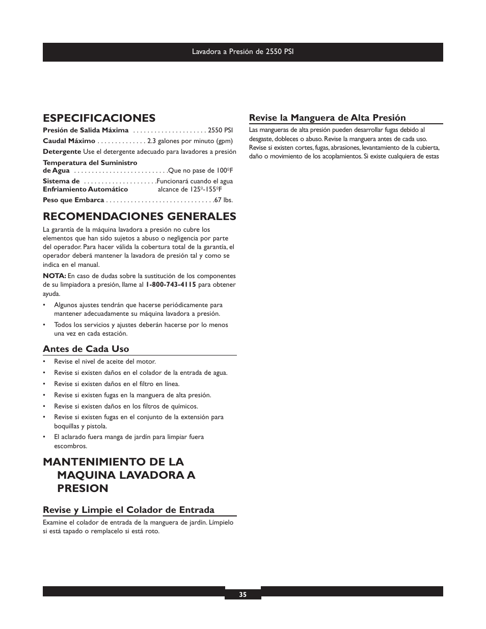 Especificaciones, Recomendaciones generales, Mantenimiento de la maquina lavadora a presion | Briggs & Stratton 20250 User Manual | Page 35 / 40