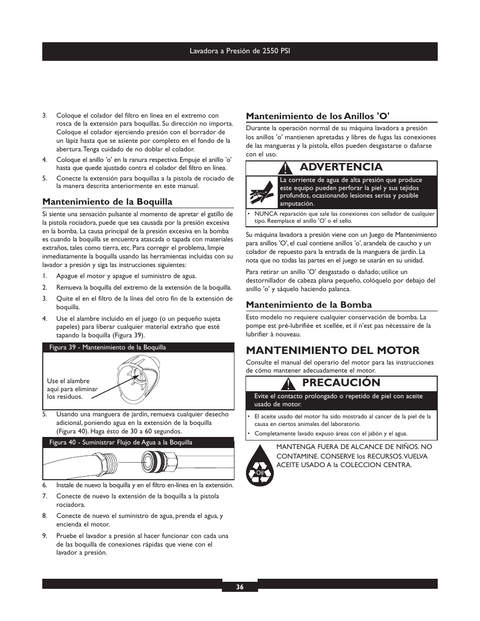 Mantenimiento del motor, Advertencia, Precaución | Mantenimiento de la boquilla, Mantenimiento de los anillos 'o, Mantenimiento de la bomba | Briggs & Stratton 20250 User Manual | Page 36 / 40