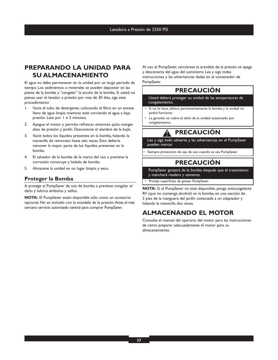 Preparando la unidad para su almacenamiento, Almacenando el motor, Precaución | Briggs & Stratton 20250 User Manual | Page 37 / 40