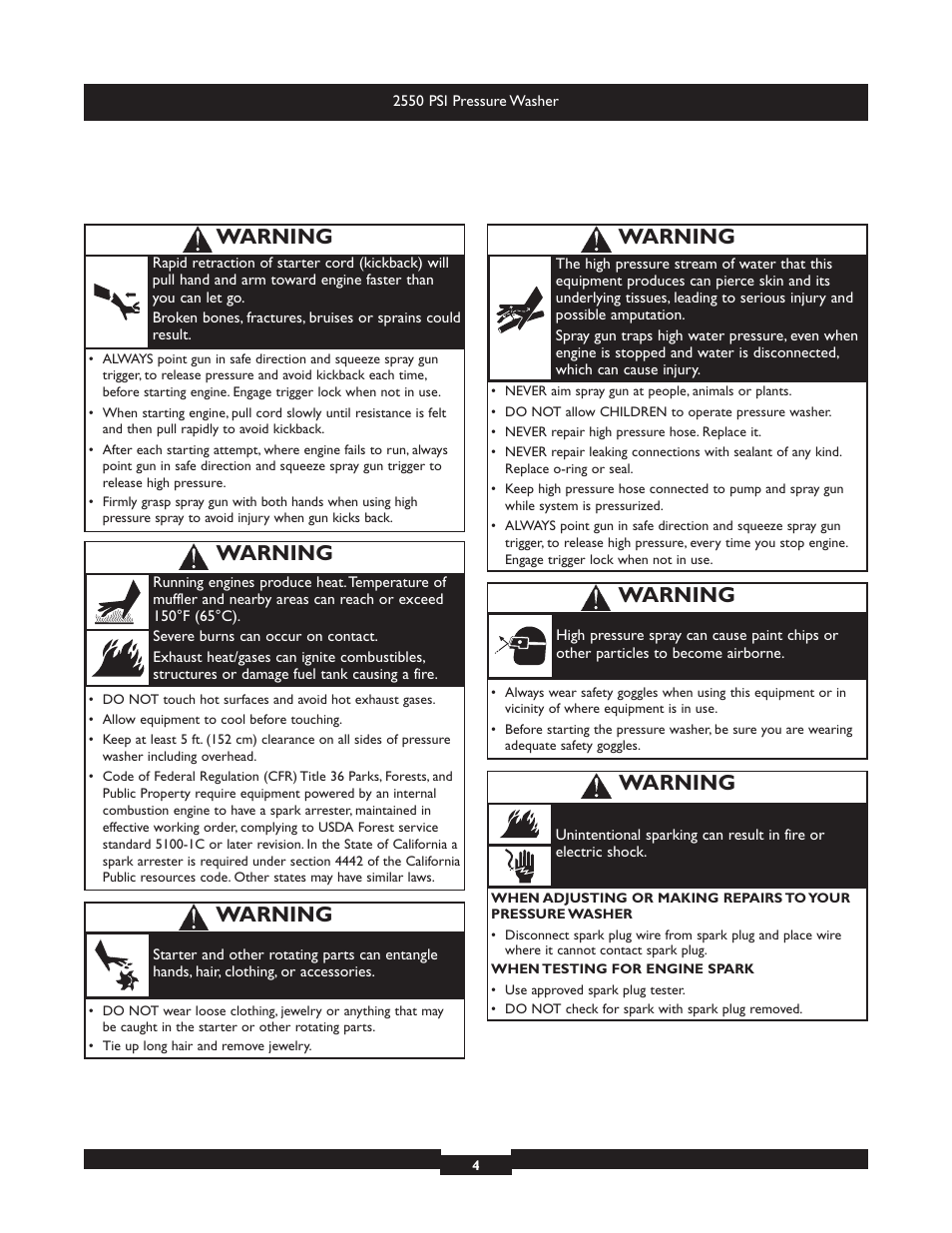 Warning | Briggs & Stratton 20250 User Manual | Page 4 / 40