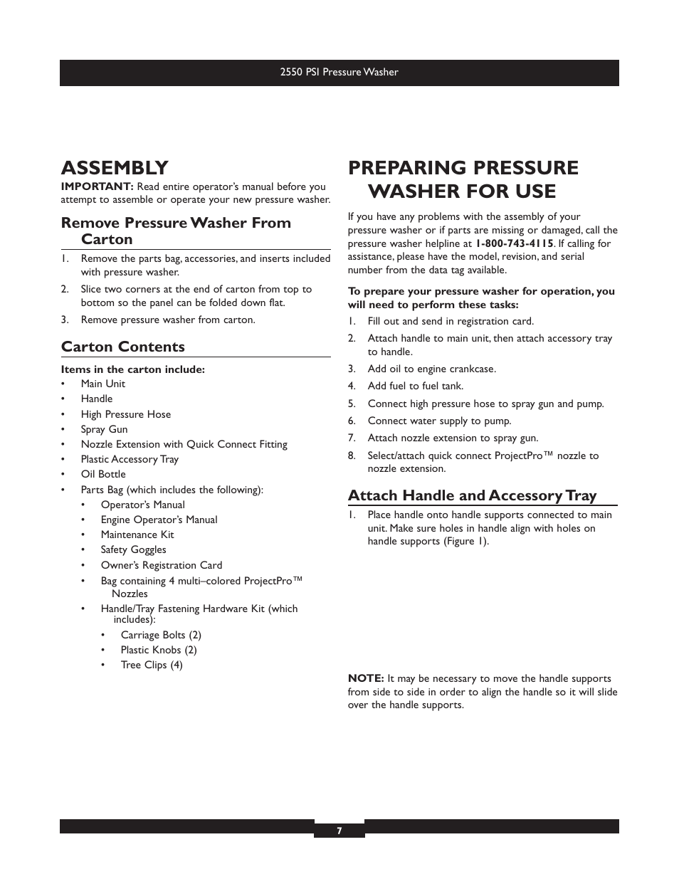 Assembly, Preparing pressure washer for use, Remove pressure washer from carton | Carton contents, Attach handle and accessory tray | Briggs & Stratton 20250 User Manual | Page 7 / 40