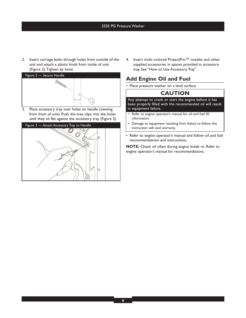 Add engine oil and fuel, Caution | Briggs & Stratton 20250 User Manual | Page 8 / 40