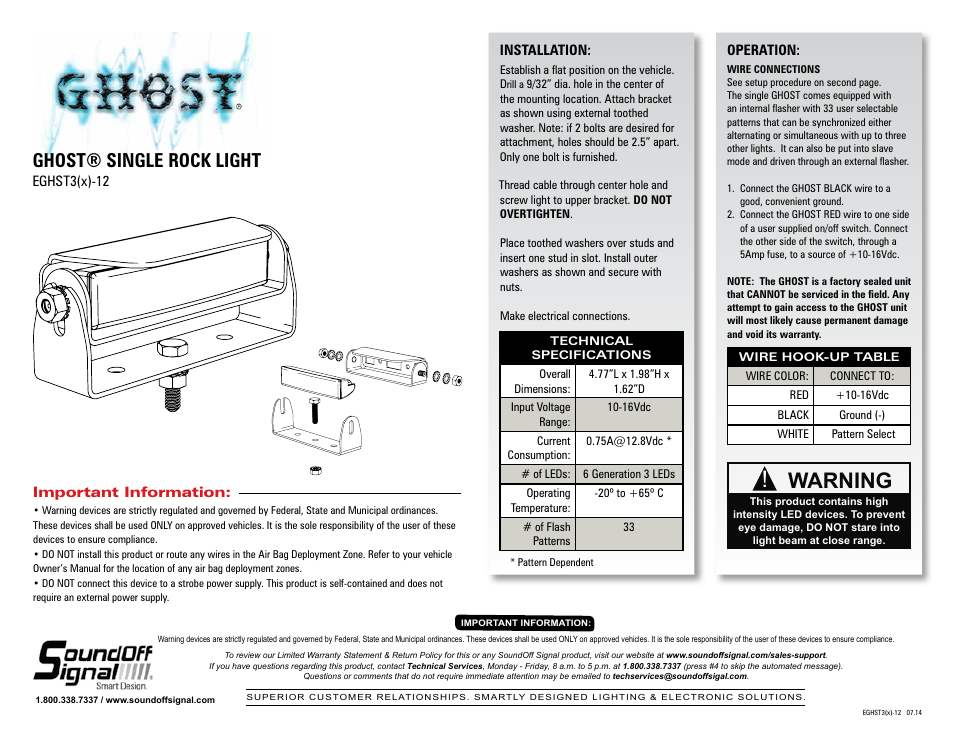 SoundOff Signal GHOST Rock Light User Manual | 2 pages